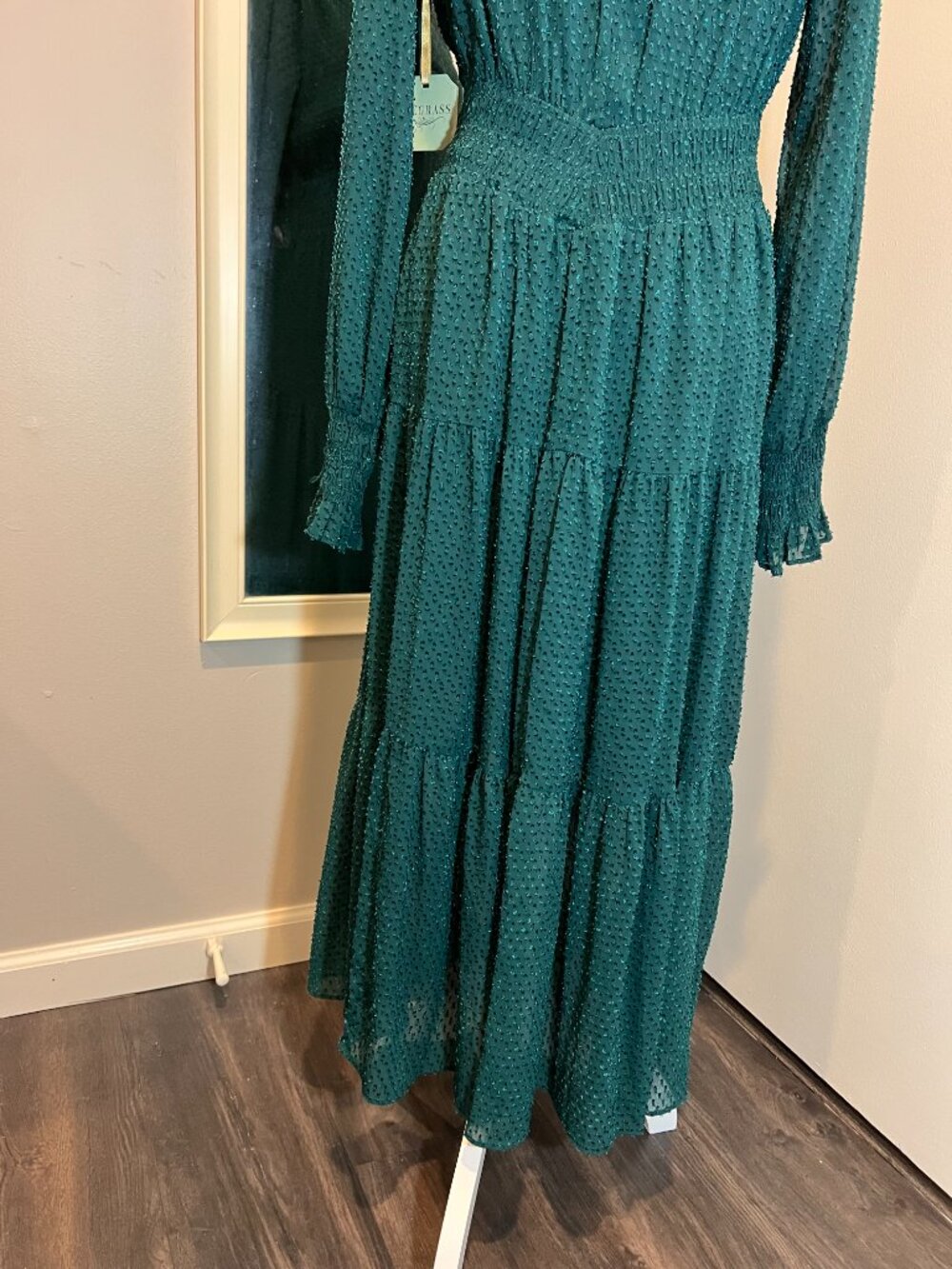 NWT RYEGRASS Emerald Green Clip Dot Long Sleeve Tie Neck Maxi Dress, Size Med - Picture 13 of 16
